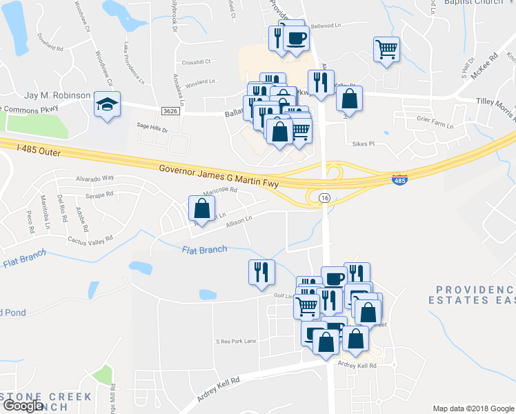 map of restaurants, bars, coffee shops, grocery stores, and more near 12326 Red Rust Lane in Charlotte