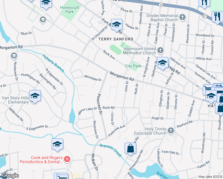map of restaurants, bars, coffee shops, grocery stores, and more near 117 Pinecrest Drive in Fayetteville