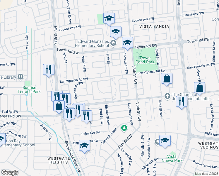 map of restaurants, bars, coffee shops, grocery stores, and more near 9004 Sunridge Road Southwest in Albuquerque
