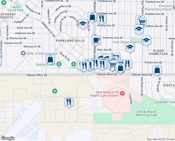 map of restaurants, bars, coffee shops, grocery stores, and more near 1425 San Mateo Boulevard Southeast in Albuquerque