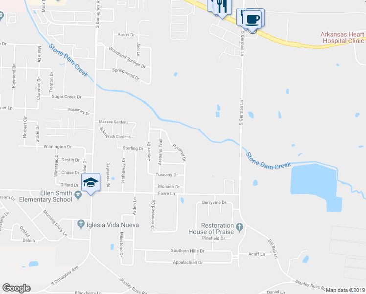 map of restaurants, bars, coffee shops, grocery stores, and more near 1400 Pyramid Drive in Conway