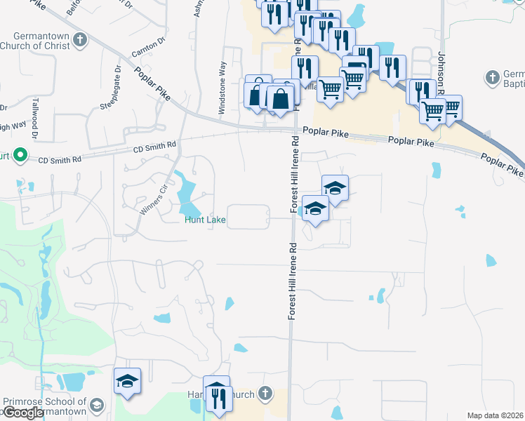 map of restaurants, bars, coffee shops, grocery stores, and more near 9024 North Hollybrook Lane in Memphis