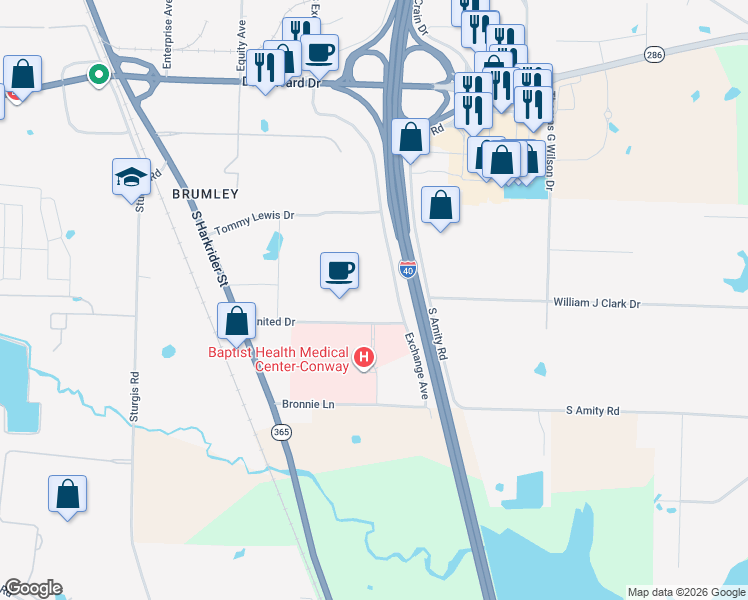 map of restaurants, bars, coffee shops, grocery stores, and more near 1355 Exchange Avenue in Conway