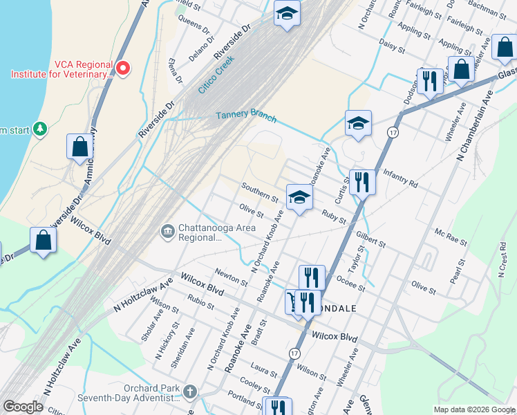 map of restaurants, bars, coffee shops, grocery stores, and more near 1809 North Hawthorne Street in Chattanooga