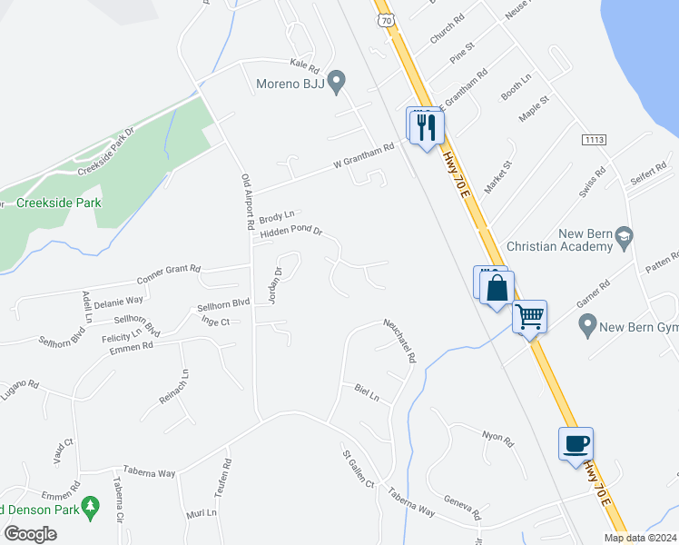 map of restaurants, bars, coffee shops, grocery stores, and more near 125 Hidden Pond Drive in New Bern