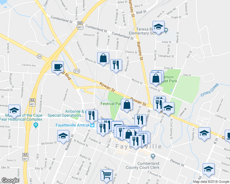 map of restaurants, bars, coffee shops, grocery stores, and more near Rowan Street in Fayetteville