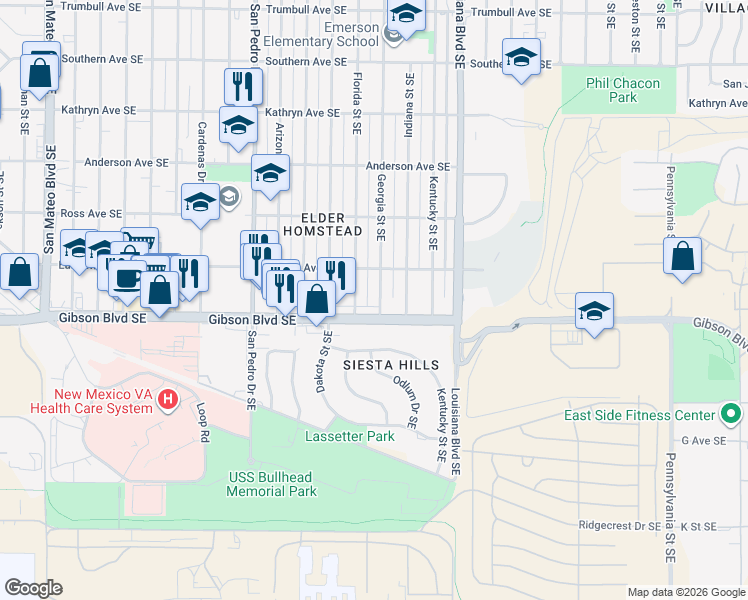 map of restaurants, bars, coffee shops, grocery stores, and more near 1116 Georgia Street Southeast in Albuquerque