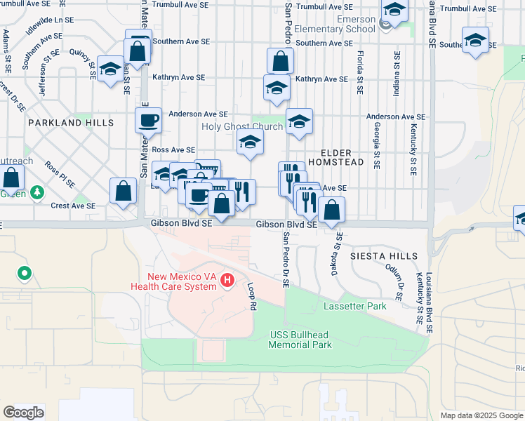 map of restaurants, bars, coffee shops, grocery stores, and more near 1400 Cardenas Drive Southeast in Albuquerque