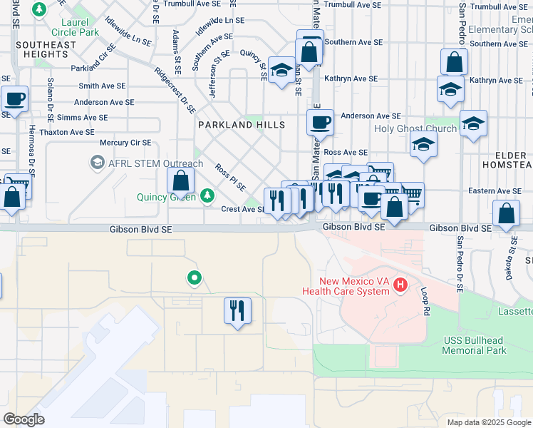 map of restaurants, bars, coffee shops, grocery stores, and more near 1904 Ross Place Southeast in Albuquerque