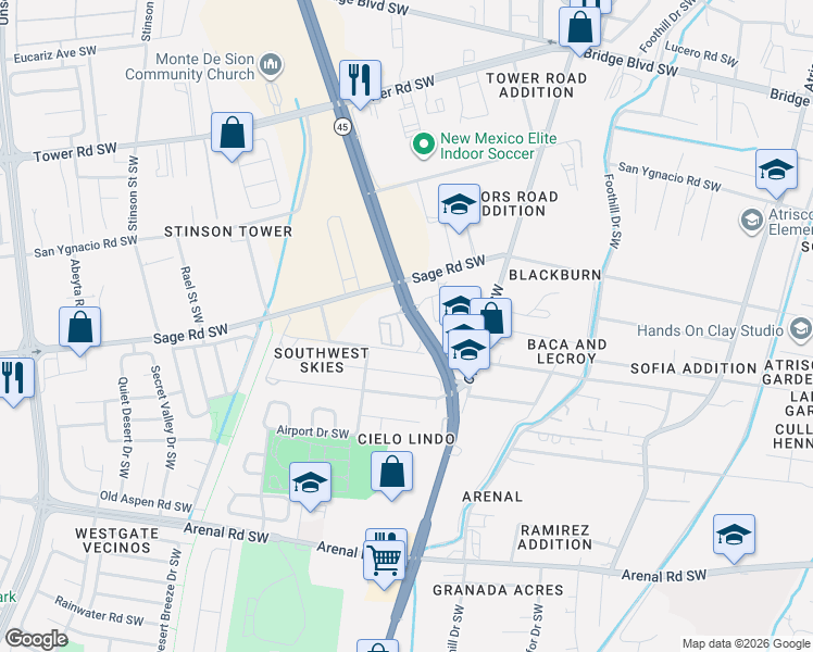 map of restaurants, bars, coffee shops, grocery stores, and more near 6500 Sage Road Southwest in Albuquerque