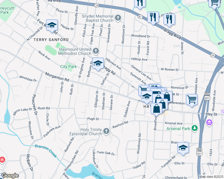 map of restaurants, bars, coffee shops, grocery stores, and more near 1512 Westlawn Avenue in Fayetteville