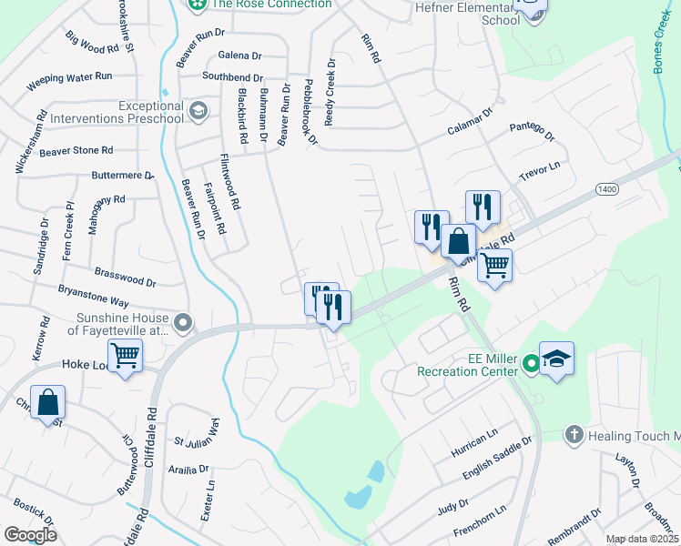 map of restaurants, bars, coffee shops, grocery stores, and more near 423 Buhman Drive in Fayetteville