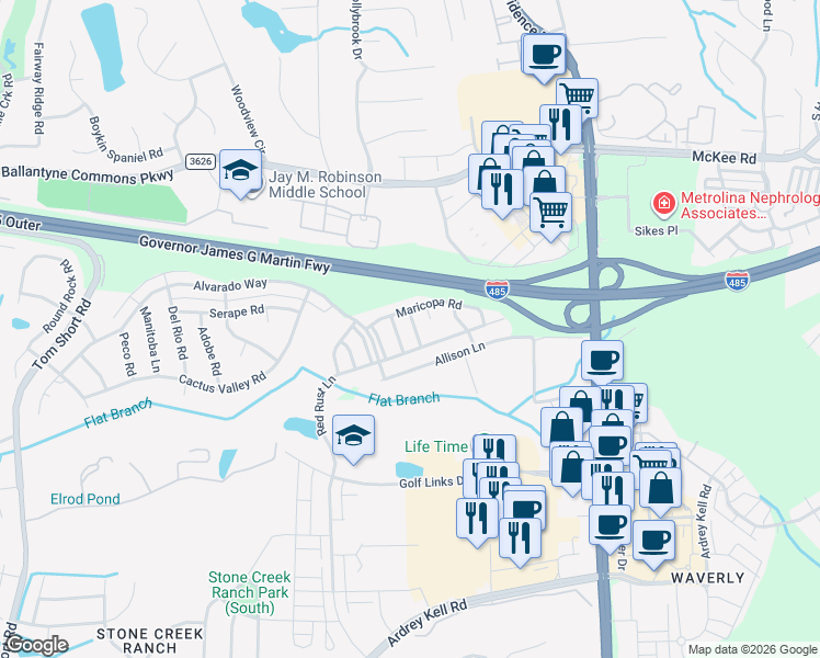 map of restaurants, bars, coffee shops, grocery stores, and more near 11206 Wrangler Trail Way in Charlotte