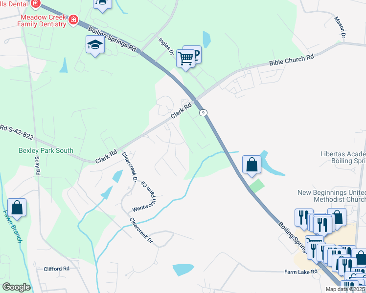 map of restaurants, bars, coffee shops, grocery stores, and more near 604 Hardwood Drive in Boiling Springs