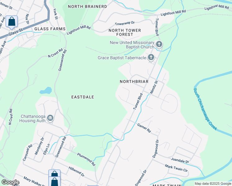 map of restaurants, bars, coffee shops, grocery stores, and more near 2323 Green Forest Drive in Chattanooga