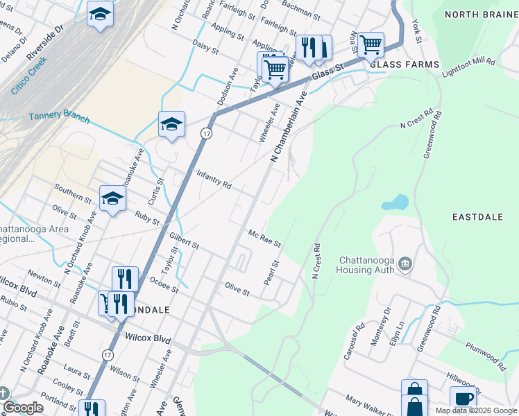 map of restaurants, bars, coffee shops, grocery stores, and more near in Chattanooga