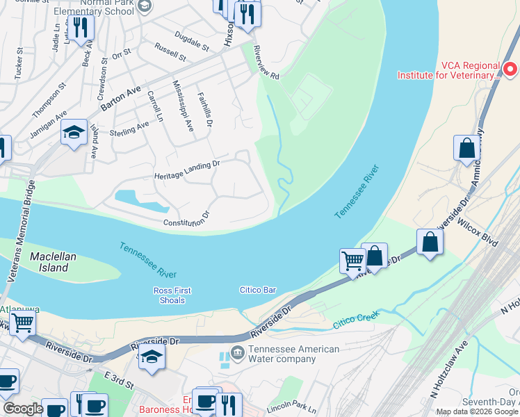 map of restaurants, bars, coffee shops, grocery stores, and more near 1505 Heritage Landing Drive in Chattanooga