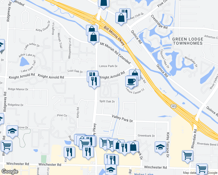 map of restaurants, bars, coffee shops, grocery stores, and more near 6622 Monticello Lane in Memphis