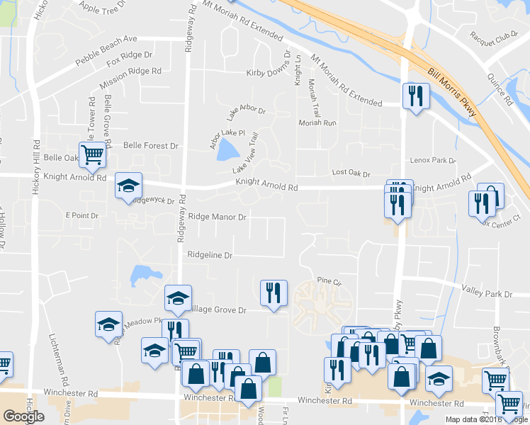 map of restaurants, bars, coffee shops, grocery stores, and more near 6335 Arbor Creek Trail in Memphis