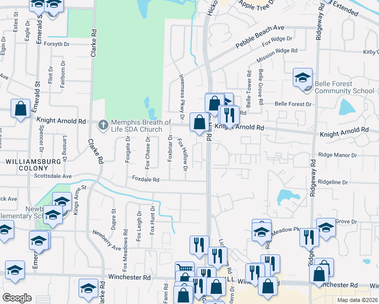 map of restaurants, bars, coffee shops, grocery stores, and more near 3270 Fox Hollow Drive in Memphis