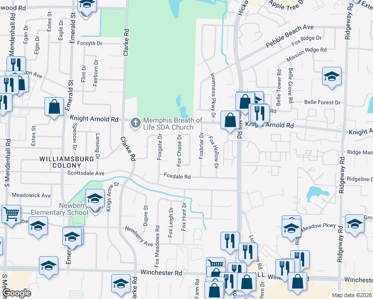 map of restaurants, bars, coffee shops, grocery stores, and more near 3270 Fox Chase Drive in Memphis