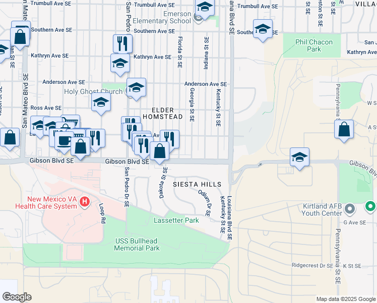 map of restaurants, bars, coffee shops, grocery stores, and more near 1116 Georgia Street Southeast in Albuquerque