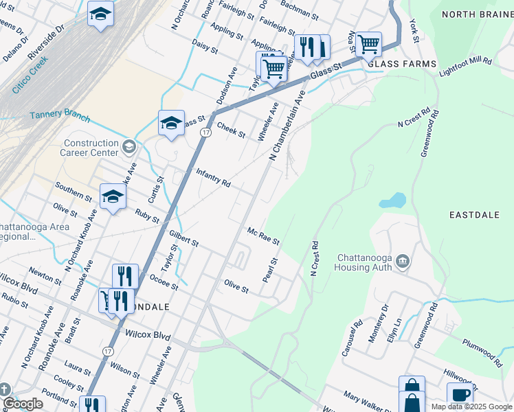 map of restaurants, bars, coffee shops, grocery stores, and more near 2022 North Chamberlain Avenue in Chattanooga