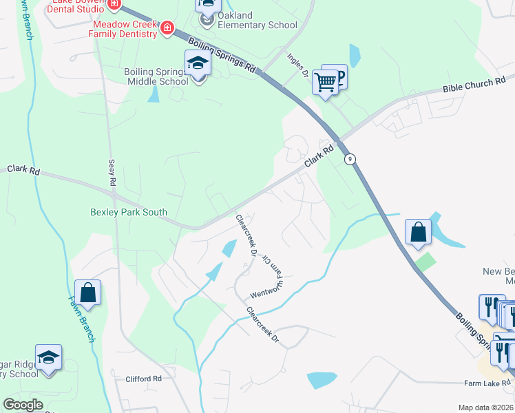 map of restaurants, bars, coffee shops, grocery stores, and more near 409 Wickham Way in Boiling Springs