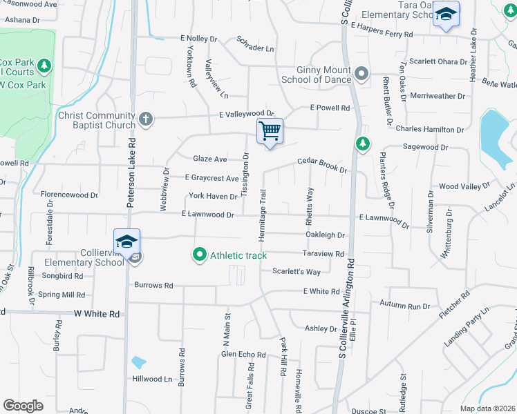 map of restaurants, bars, coffee shops, grocery stores, and more near 722 Hermitage Trail in Collierville
