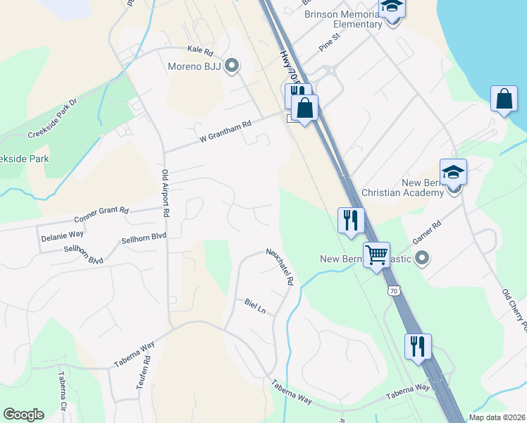 map of restaurants, bars, coffee shops, grocery stores, and more near 113 Clearbrook Way in New Bern