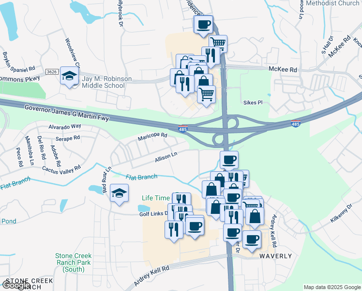 map of restaurants, bars, coffee shops, grocery stores, and more near 12347 Red Rust Lane in Charlotte