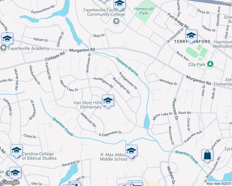 map of restaurants, bars, coffee shops, grocery stores, and more near 2623 Huntington Road in Fayetteville