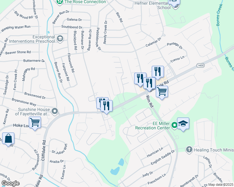 map of restaurants, bars, coffee shops, grocery stores, and more near 1141 Glen Iris Drive in Fayetteville