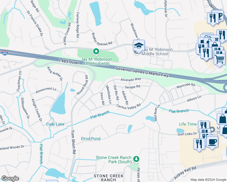 map of restaurants, bars, coffee shops, grocery stores, and more near 6430 Del Rio Road in Charlotte