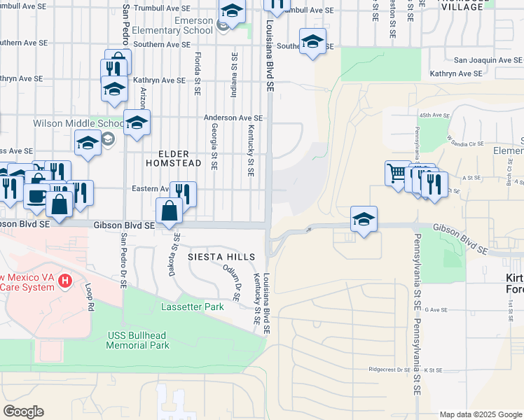 map of restaurants, bars, coffee shops, grocery stores, and more near 1109 Louisiana Boulevard Southeast in Albuquerque