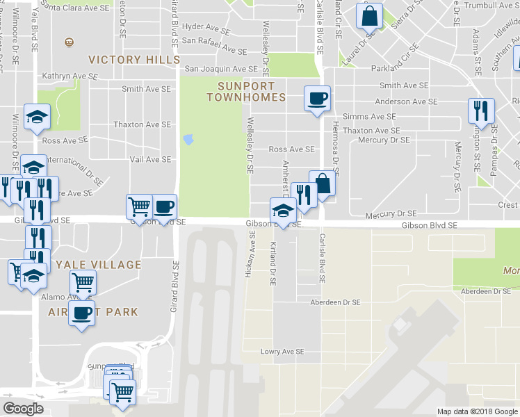 map of restaurants, bars, coffee shops, grocery stores, and more near 3413 Crest Avenue Southeast in Albuquerque