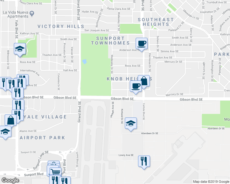 map of restaurants, bars, coffee shops, grocery stores, and more near 3413 Crest Avenue Southeast in Albuquerque
