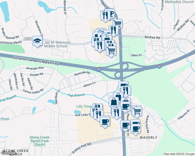 map of restaurants, bars, coffee shops, grocery stores, and more near 12347 Red Rust Lane in Charlotte