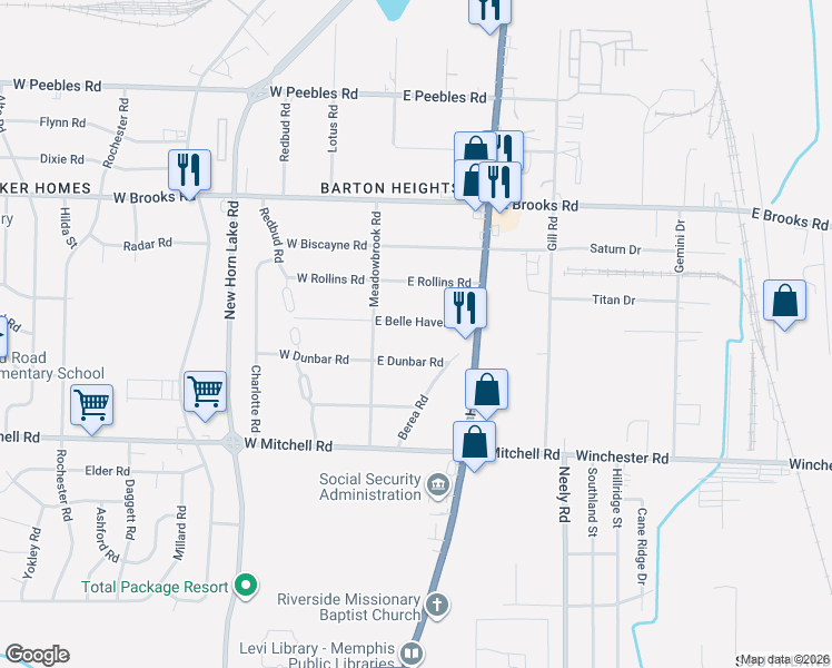 map of restaurants, bars, coffee shops, grocery stores, and more near 70 East Belle Haven Road in Memphis