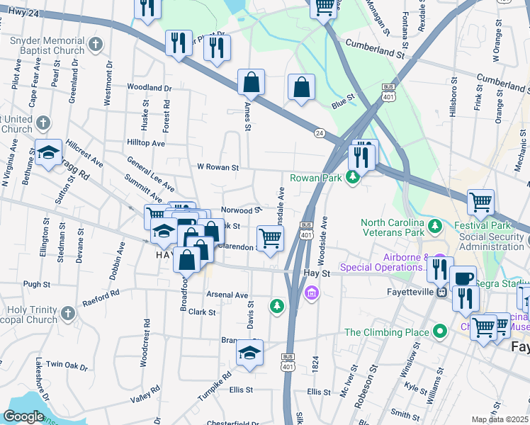 map of restaurants, bars, coffee shops, grocery stores, and more near 904 Norwood Street in Fayetteville
