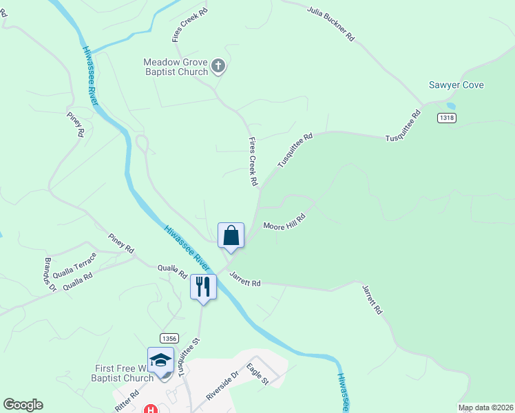 map of restaurants, bars, coffee shops, grocery stores, and more near 1 Slave Drive in Hayesville