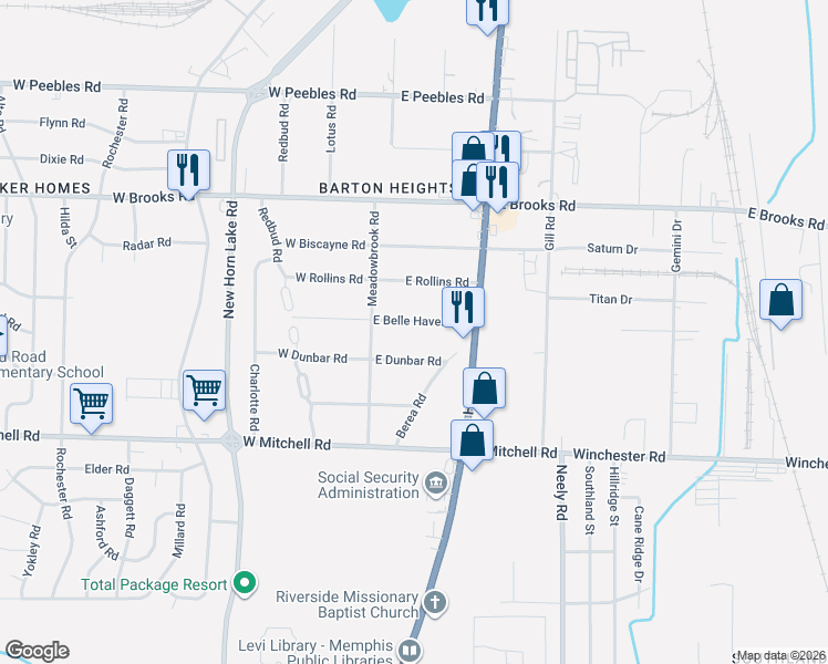 map of restaurants, bars, coffee shops, grocery stores, and more near 70 East Belle Haven Road in Memphis