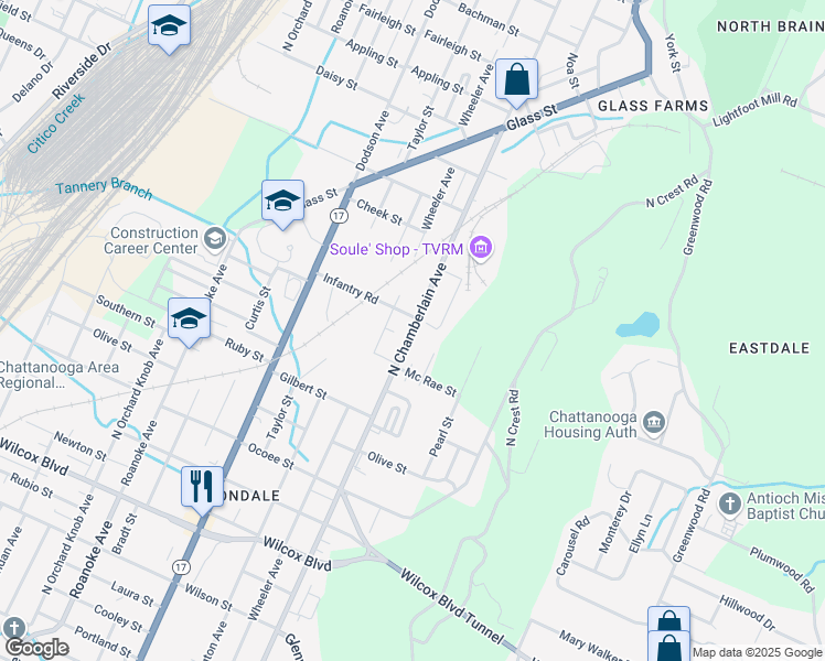 map of restaurants, bars, coffee shops, grocery stores, and more near 2022 North Chamberlain Avenue in Chattanooga