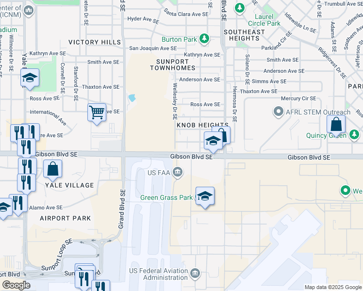 map of restaurants, bars, coffee shops, grocery stores, and more near 3406 Crest Avenue Southeast in Albuquerque