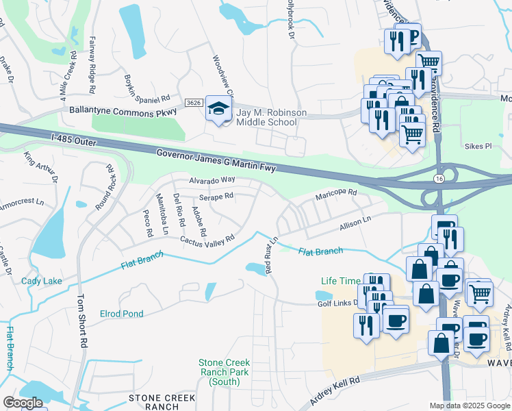 map of restaurants, bars, coffee shops, grocery stores, and more near 5535 Cactus Valley Road in Charlotte
