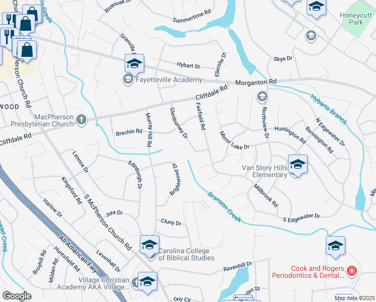 map of restaurants, bars, coffee shops, grocery stores, and more near 324 Glenburney Drive in Fayetteville