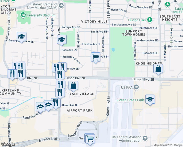 map of restaurants, bars, coffee shops, grocery stores, and more near 2033 Columbia Drive Southeast in Albuquerque