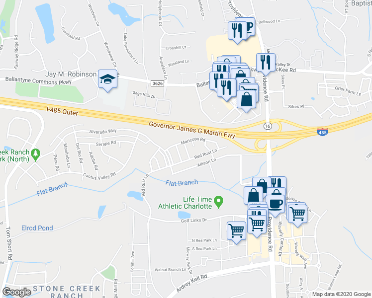 map of restaurants, bars, coffee shops, grocery stores, and more near 11118 Sandstone Road in Charlotte