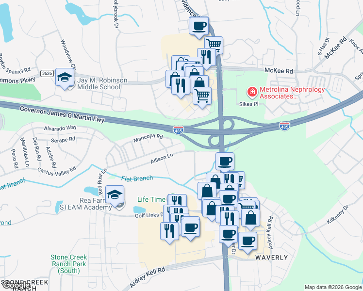 map of restaurants, bars, coffee shops, grocery stores, and more near 12347 Red Rust Lane in Charlotte
