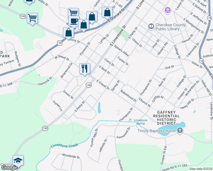 map of restaurants, bars, coffee shops, grocery stores, and more near 1104 South Johnson Street in Gaffney